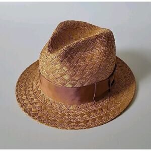 Scala Basket Woven Straw Banded Panama Fedora Hat Large Beachy Coastal Golf Sun